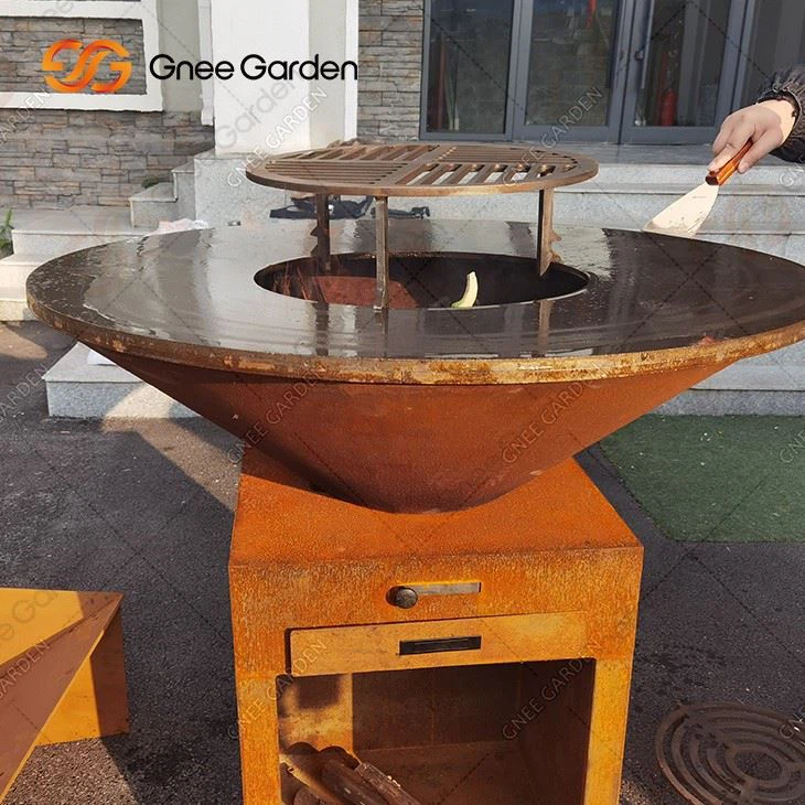 Outdoor 3-5 People Weathering Steel Metal Fire Pit Barbecue Grill BBQ