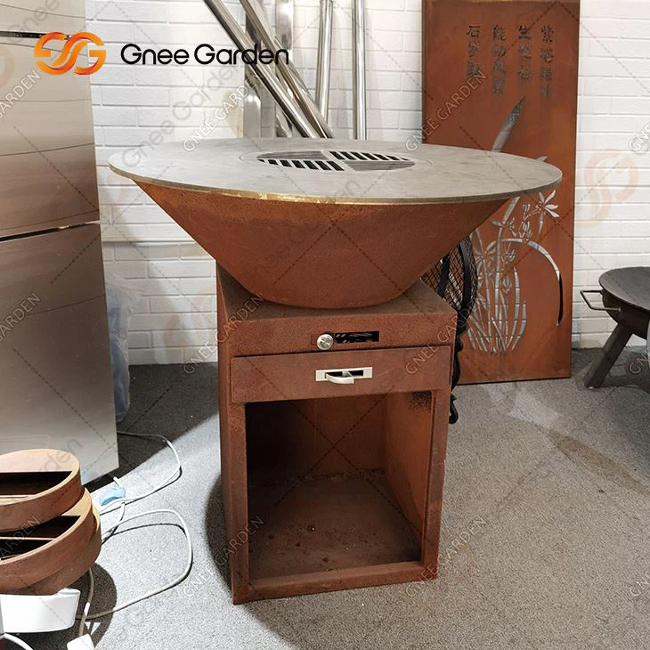 Utekjøkken Corten Stål Peis Peis Hage Matlaging Kull Bbq Grill Med Føtter Og Oppbevaring
